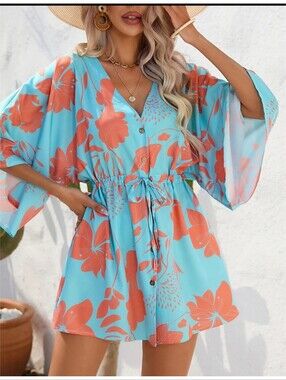 MiniInthebox Floral Mini Dress Blue & Orange Size L